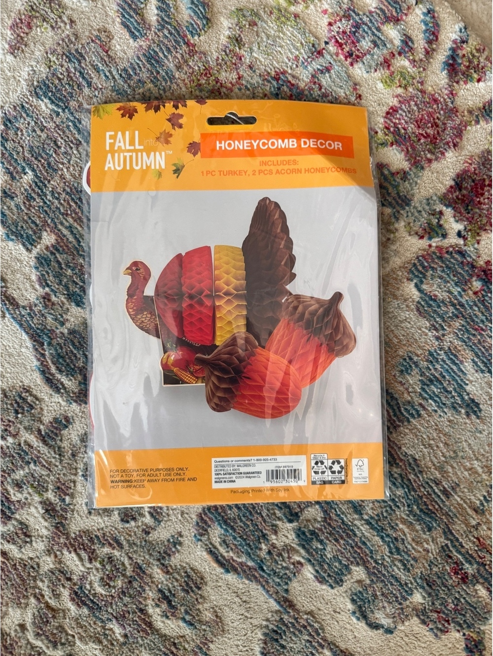 Fall Autumn Honeycomb Decor Set with Turkey and Acorn Decorations